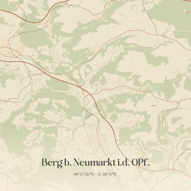 Berg B. Neumarkt kimliğinin klasik duvar haritası. OPF, Bayern, Almanya 'da bulunuyor. Ormanlar, yollar, şehirler, göller ve nehirlerle ilgili hava planı.