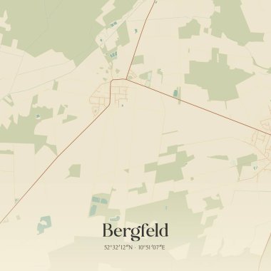 Niedersachsen, Almanya 'da bulunan Bergfeld' in klasik duvar sanat haritası. Ormanlar, yollar, şehirler, göller ve nehirlerle ilgili hava planı.