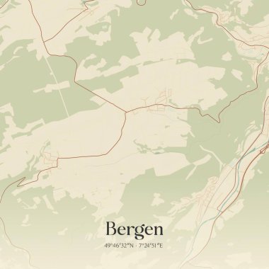 Bergen 'in klasik duvar sanat haritası, Rheinland-Pfalz, Almanya' da. Ormanlar, yollar, şehirler, göller ve nehirlerle ilgili hava planı.