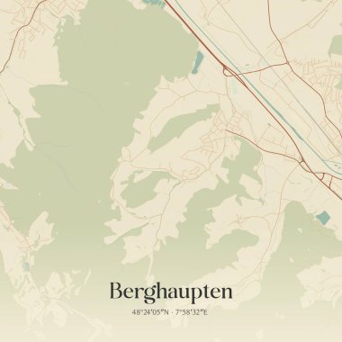 Baden-Wurttemberg, Almanya 'da bulunan Berghaupten' in klasik duvar sanat haritası. Ormanlar, yollar, şehirler, göller ve nehirlerle ilgili hava planı.