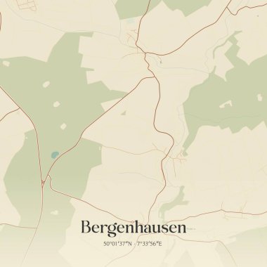 Bergenhausen 'in klasik duvar sanat haritası, Rheinland-Pfalz, Almanya' da. Ormanlar, yollar, şehirler, göller ve nehirlerle ilgili hava planı.