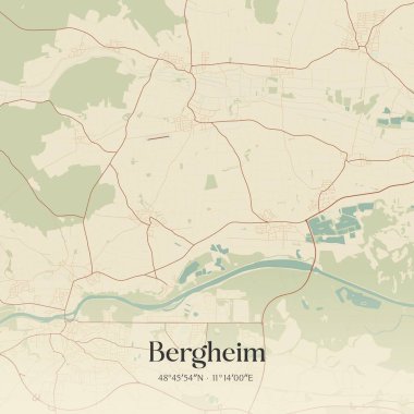 Bergheim 'in Almanya' nın Bayern kentinde bulunan klasik duvar sanat haritası. Ormanlar, yollar, şehirler, göller ve nehirlerle ilgili hava planı.
