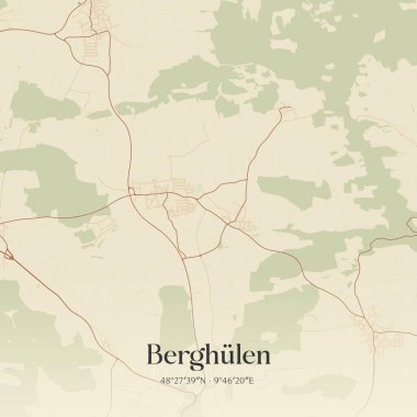 Baden-Wurttemberg, Almanya 'da bulunan Berghulen' in klasik duvar sanat haritası. Ormanlar, yollar, şehirler, göller ve nehirlerle ilgili hava planı.