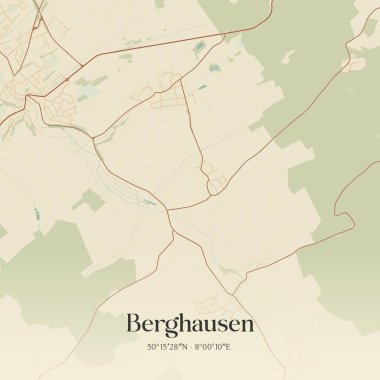 Berghausen 'in klasik duvar sanat haritası, Rheinland-Pfalz, Almanya' da. Ormanlar, yollar, şehirler, göller ve nehirlerle ilgili hava planı.