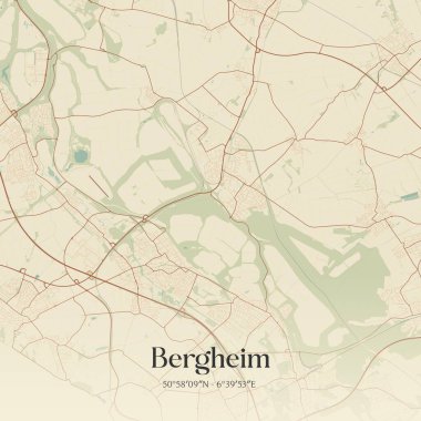 Vintage wall art map of Bergheim, located in Nordrhein-Westfalen, Germany. Aerial plan with forests, roads, cities, lakes and rivers. clipart