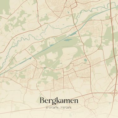 Bergkamen 'in Nordrhein-Westfalen, Almanya' daki klasik duvar sanat haritası. Ormanlar, yollar, şehirler, göller ve nehirlerle ilgili hava planı.