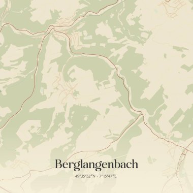 Berglangenbach 'ın klasik duvar sanat haritası, Rheinland-Pfalz, Almanya' da. Ormanlar, yollar, şehirler, göller ve nehirlerle ilgili hava planı.