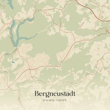Bergneustadt 'ın klasik duvar sanat haritası, Nordrhein-Westfalen, Almanya' da. Ormanlar, yollar, şehirler, göller ve nehirlerle ilgili hava planı.