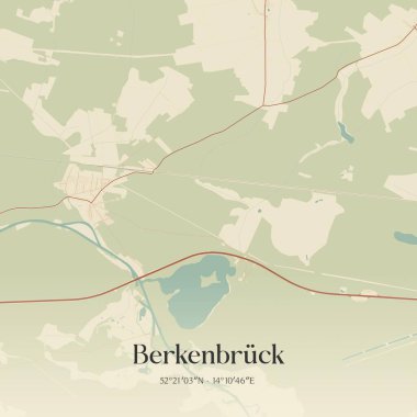 Brandenburg, Almanya 'da bulunan Berkenbruck' un klasik duvar sanat haritası. Ormanlar, yollar, şehirler, göller ve nehirlerle ilgili hava planı.