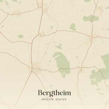 Bergtheim 'in Almanya' nın Bayern kentinde bulunan klasik duvar sanat haritası. Ormanlar, yollar, şehirler, göller ve nehirlerle ilgili hava planı.