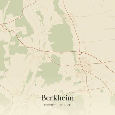 Berkheim 'ın klasik duvar sanat haritası, Baden-Wurttemberg, Almanya' da. Ormanlar, yollar, şehirler, göller ve nehirlerle ilgili hava planı.