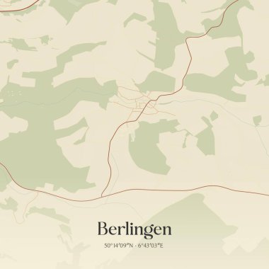 Almanya 'nın Rheinland-Pfalz kentinde bulunan Berlingen' in klasik duvar sanat haritası. Ormanlar, yollar, şehirler, göller ve nehirlerle ilgili hava planı.