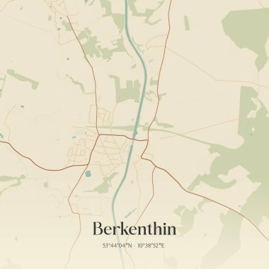 Almanya 'nın kuzeyinde Schleswig-Holstein eyâletinde bulunan Berkenthin' in klasik duvar sanat haritası. Ormanlar, yollar, şehirler, göller ve nehirlerle ilgili hava planı.