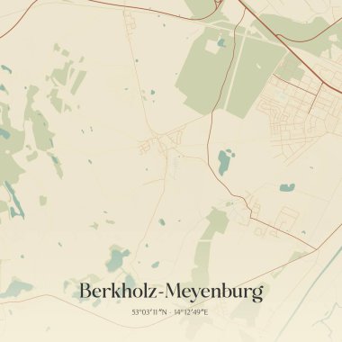 Berkholz-Meyenburg 'un klasik duvar sanat haritası, Brandenburg, Almanya' da. Ormanlar, yollar, şehirler, göller ve nehirlerle ilgili hava planı.