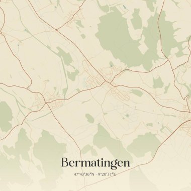 Baden-Wurttemberg, Almanya 'da bulunan Bermatingen' in klasik duvar sanat haritası. Ormanlar, yollar, şehirler, göller ve nehirlerle ilgili hava planı.