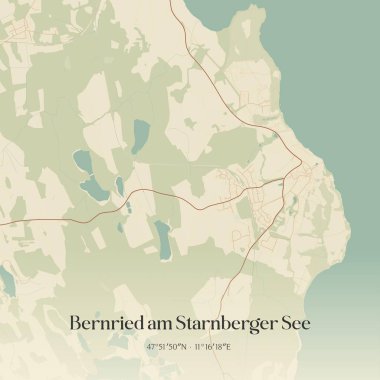 Bernried am Starnberger See 'nin klasik duvar haritası. Almanya Bayern' de bulunuyor. Ormanlar, yollar, şehirler, göller ve nehirlerle ilgili hava planı.