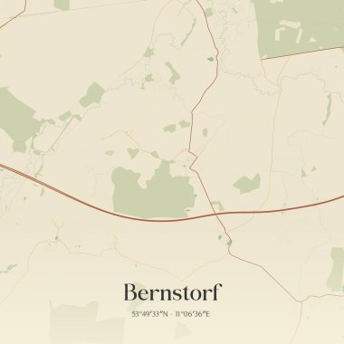 Bernstorf 'un klasik duvar sanat haritası, Mecklenburg-Vorpommern, Almanya' da. Ormanlar, yollar, şehirler, göller ve nehirlerle ilgili hava planı.