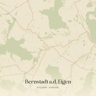 Bernstadt A.D.Eigen 'in klasik duvar sanat haritası, Sachsen, Almanya' da. Ormanlar, yollar, şehirler, göller ve nehirlerle ilgili hava planı.