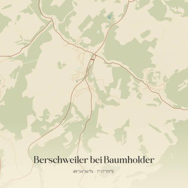 Almanya 'nın Rheinland-Pfalz şehrinde bulunan Berschweiler bei Baumholder' ın klasik duvar sanat haritası. Ormanlar, yollar, şehirler, göller ve nehirlerle ilgili hava planı.