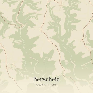 Berscheid 'in klasik duvar sanat haritası, Rheinland-Pfalz, Almanya' da. Ormanlar, yollar, şehirler, göller ve nehirlerle ilgili hava planı.