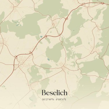 Beselich 'in klasik duvar sanat haritası, Hessen, Almanya' da. Ormanlar, yollar, şehirler, göller ve nehirlerle ilgili hava planı.