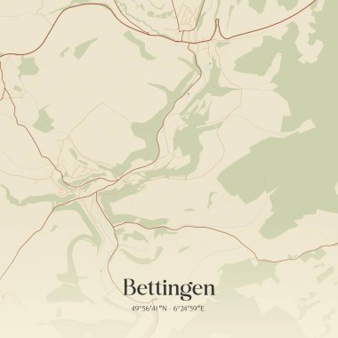 Bettingen 'in klasik duvar sanat haritası, Rheinland-Pfalz, Almanya' da. Ormanlar, yollar, şehirler, göller ve nehirlerle ilgili hava planı.
