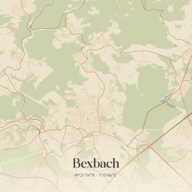 Bexbach 'ın klasik duvar haritası, Saarland, Almanya' da. Ormanlar, yollar, şehirler, göller ve nehirlerle ilgili hava planı.