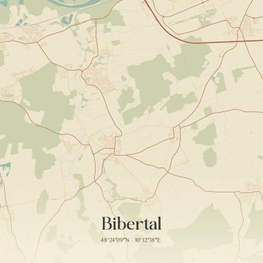 Bibertal 'ın klasik duvar sanat haritası, Almanya Bayern' de bulunuyor. Ormanlar, yollar, şehirler, göller ve nehirlerle ilgili hava planı.