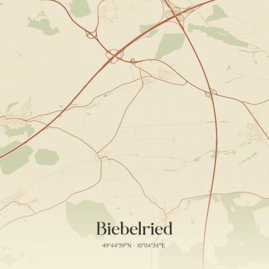 Almanya, Bayern 'de bulunan Biebelried' in klasik duvar sanat haritası. Ormanlar, yollar, şehirler, göller ve nehirlerle ilgili hava planı.