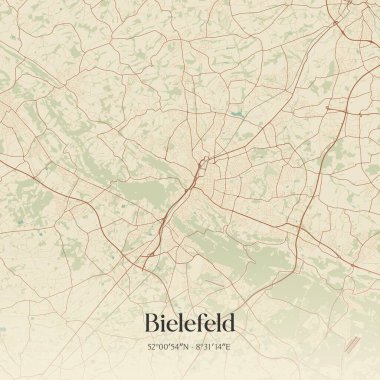 Bielefeld 'in klasik duvar sanat haritası, Nordrhein-Westfalen, Almanya' da. Ormanlar, yollar, şehirler, göller ve nehirlerle ilgili hava planı.