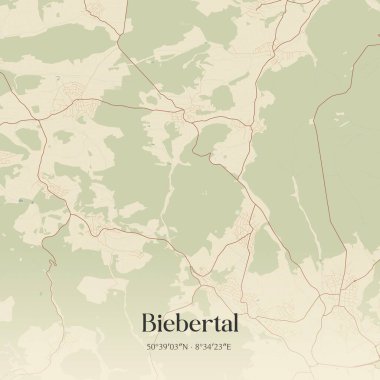 Biebertal 'ın klasik duvar sanat haritası, Hessen, Almanya' da. Ormanlar, yollar, şehirler, göller ve nehirlerle ilgili hava planı.