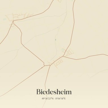 Biedesheim 'in klasik duvar sanat haritası, Rheinland-Pfalz, Almanya' da. Ormanlar, yollar, şehirler, göller ve nehirlerle ilgili hava planı.
