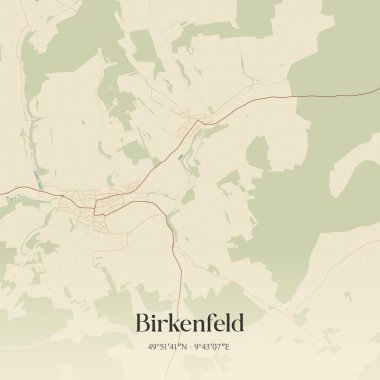 Birkenfeld 'in Almanya' nın Bayern kentinde bulunan klasik duvar sanat haritası. Ormanlar, yollar, şehirler, göller ve nehirlerle ilgili hava planı.