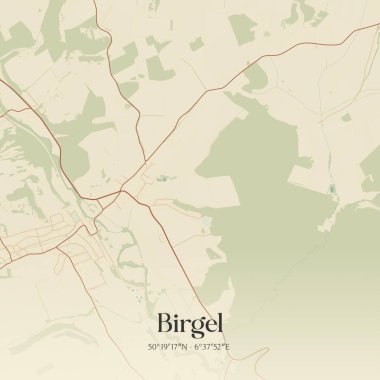 Birgel 'in klasik duvar sanat haritası, Rheinland-Pfalz, Almanya' da. Ormanlar, yollar, şehirler, göller ve nehirlerle ilgili hava planı.