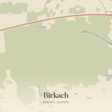 Birkach 'ın Almanya' nın Bayern kentinde bulunan klasik duvar sanat haritası. Ormanlar, yollar, şehirler, göller ve nehirlerle ilgili hava planı.