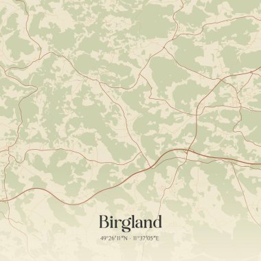 Birgland 'ın Almanya Bayern' de bulunan klasik duvar sanat haritası. Ormanlar, yollar, şehirler, göller ve nehirlerle ilgili hava planı.