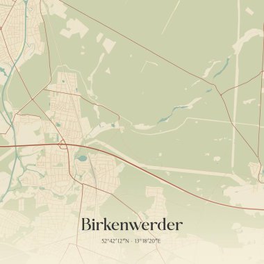 Brandenburg, Almanya 'da bulunan Birkenwerder' in klasik duvar sanat haritası. Ormanlar, yollar, şehirler, göller ve nehirlerle ilgili hava planı.