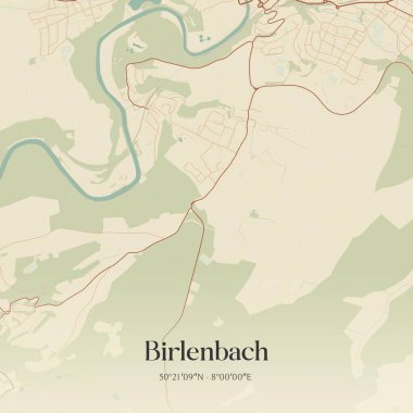 Vintage wall art map of Birlenbach, located in Rheinland-Pfalz, Germany. Aerial plan with forests, roads, cities, lakes and rivers. clipart