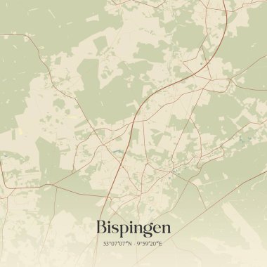 Bispingen 'in klasik duvar sanat haritası, Niedersachsen, Almanya' da. Ormanlar, yollar, şehirler, göller ve nehirlerle ilgili hava planı.