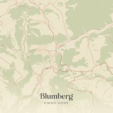 Baden-Wurttemberg, Almanya 'da bulunan Blumberg' in klasik duvar sanat haritası. Ormanlar, yollar, şehirler, göller ve nehirlerle ilgili hava planı.