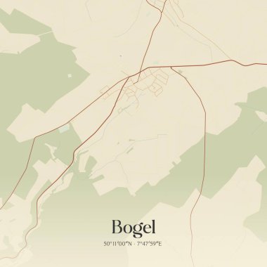 Bogel 'in klasik duvar sanat haritası, Rheinland-Pfalz, Almanya' da. Ormanlar, yollar, şehirler, göller ve nehirlerle ilgili hava planı.