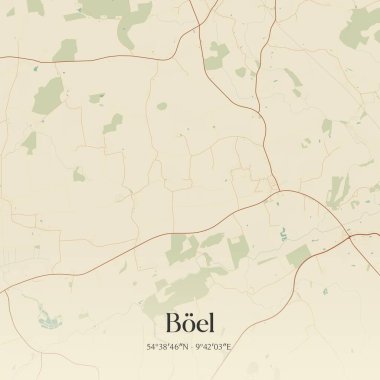 Almanya 'nın kuzeyinde Schleswig-Holstein eyâletinde bulunan Boel' in klasik duvar sanat haritası. Ormanlar, yollar, şehirler, göller ve nehirlerle ilgili hava planı.