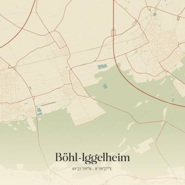 Bohl-Iggelheim 'ın klasik duvar sanat haritası, Rheinland-Pfalz, Almanya' da. Ormanlar, yollar, şehirler, göller ve nehirlerle ilgili hava planı.