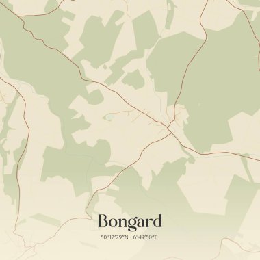 Bongard 'ın klasik duvar sanat haritası, Rheinland-Pfalz, Almanya' da. Ormanlar, yollar, şehirler, göller ve nehirlerle ilgili hava planı.