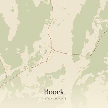 Boock 'un klasik duvar haritası, Mecklenburg-Vorpommern, Almanya' da. Ormanlar, yollar, şehirler, göller ve nehirlerle ilgili hava planı.