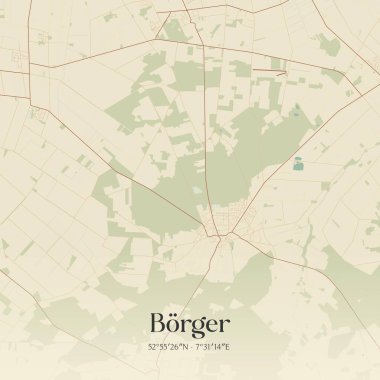 Borger 'in klasik duvar sanat haritası, Niedersachsen, Almanya' da. Ormanlar, yollar, şehirler, göller ve nehirlerle ilgili hava planı.
