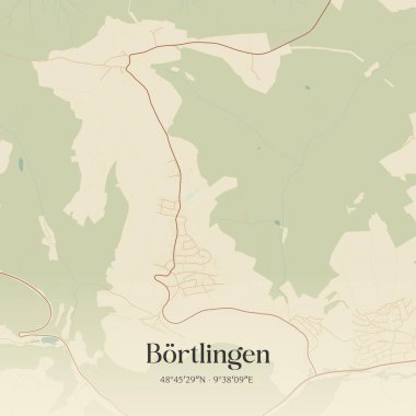 Baden-Wurttemberg, Almanya 'da yer alan Bortlingen' in klasik duvar sanat haritası. Ormanlar, yollar, şehirler, göller ve nehirlerle ilgili hava planı.