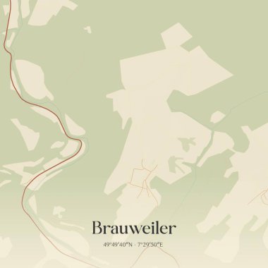 Brauweiler 'ın klasik duvar sanat haritası, Rheinland-Pfalz, Almanya' da. Ormanlar, yollar, şehirler, göller ve nehirlerle ilgili hava planı.