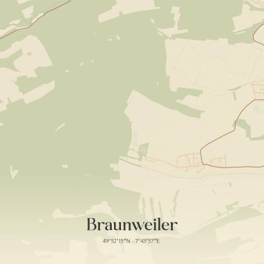 Braunweiler 'ın klasik duvar sanat haritası, Rheinland-Pfalz, Almanya' da. Ormanlar, yollar, şehirler, göller ve nehirlerle ilgili hava planı.