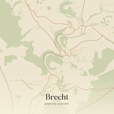 Brecht 'in klasik duvar sanat haritası, Rheinland-Pfalz, Almanya' da. Ormanlar, yollar, şehirler, göller ve nehirlerle ilgili hava planı.